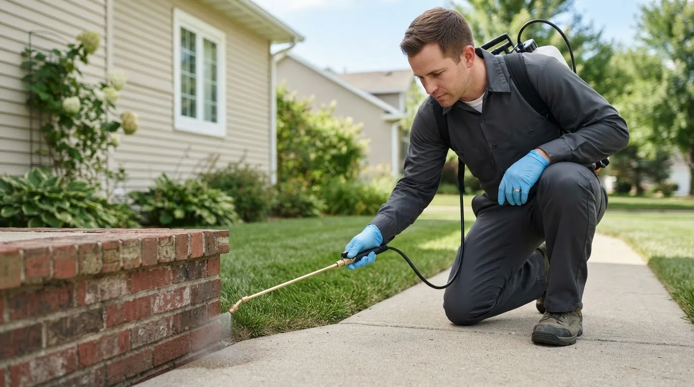 Pest control technician treating a home near Scurry, TX